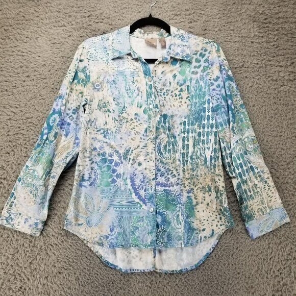 Chicos Shirt Womens 0 US 4 Blue Long Sleeve Button Up Roll Tab Blouse - Picture 1 of 14
